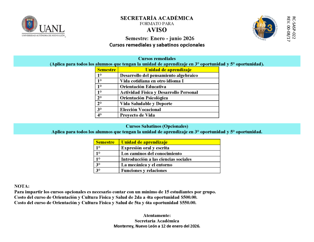 AVISO Cursos de 3° Oportunidad enero2026